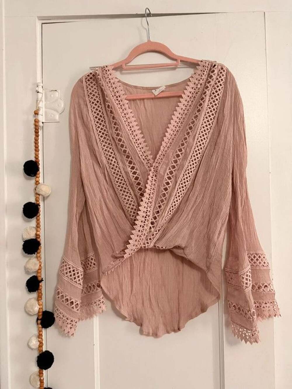 By Together Blush Textured Crochet Trim Wrap Front Top Size M